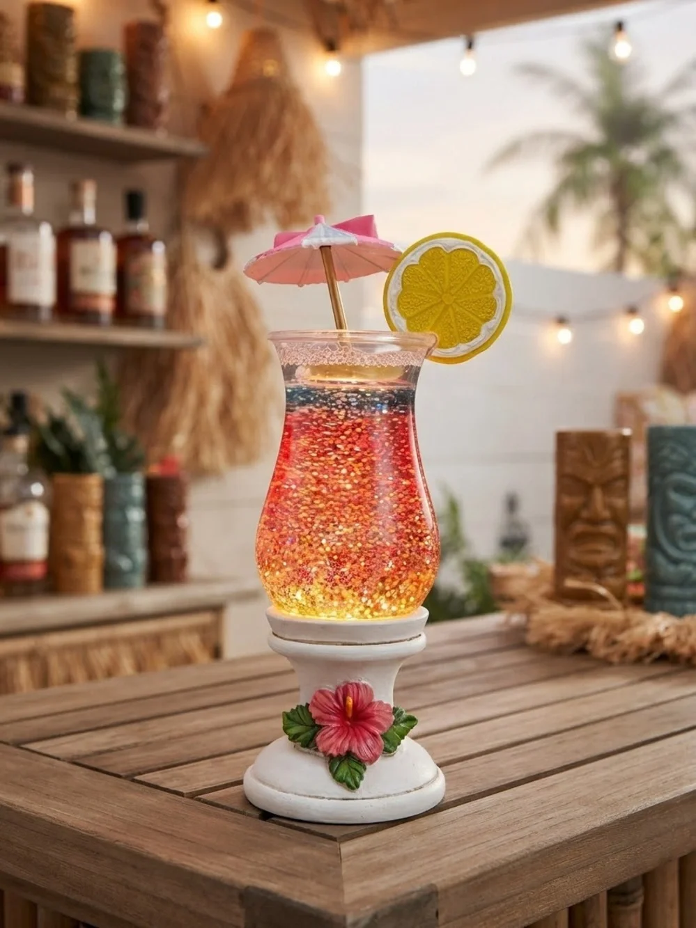 Vintage 90s Light Up Tropical Cocktail Glitter Snow Globe Hurricane Lamp
